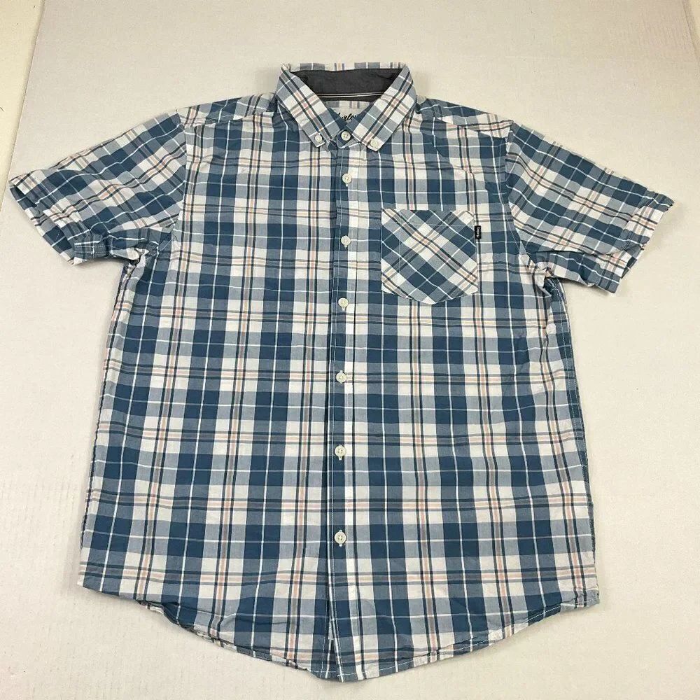 Hurley Mens Cotton Button Up Shirt Plaid Short Sleeve Pocket Collared Top Small